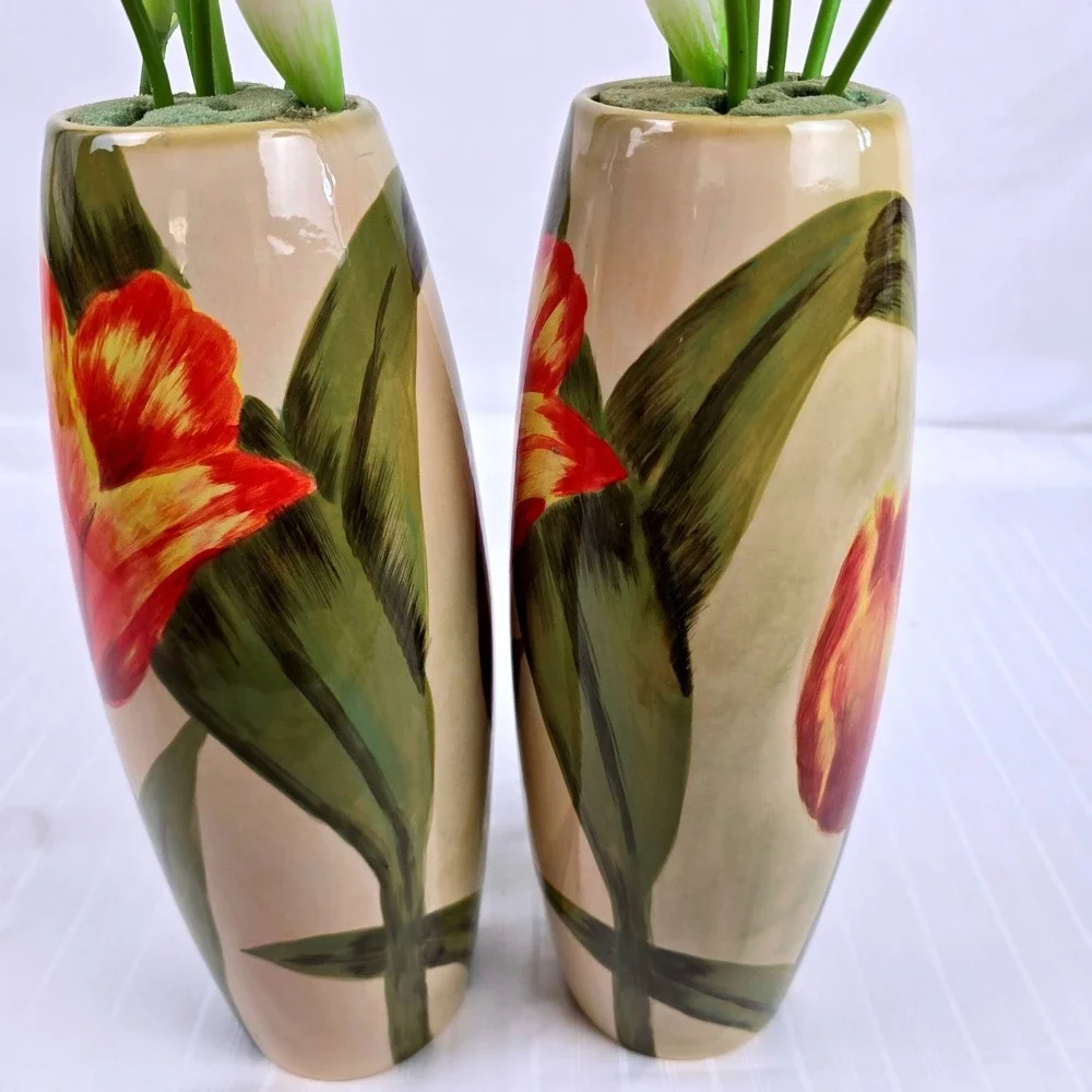 Carolina Pottery 80159 Ceramic Tulip Vases Pair Red Yellow Floral 12.5 Inch Tall